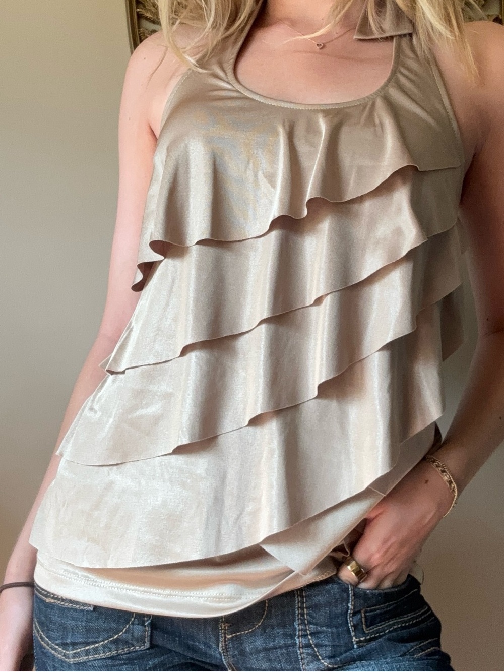 Cache Gold Metallic Ruffled Halter Tank Top - Picture 6 of 8